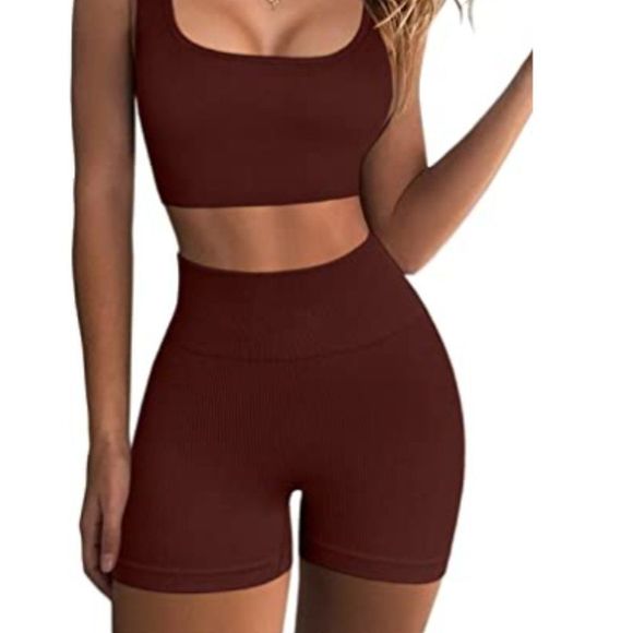 Workout Sets for Women 2 Piece Seamless Ribbed Crop Tank & High Waist Shorts